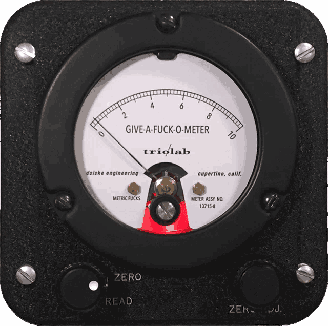a dial that says give a fuck o meter on it