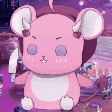 a pink mouse with horns and a knife in its hand