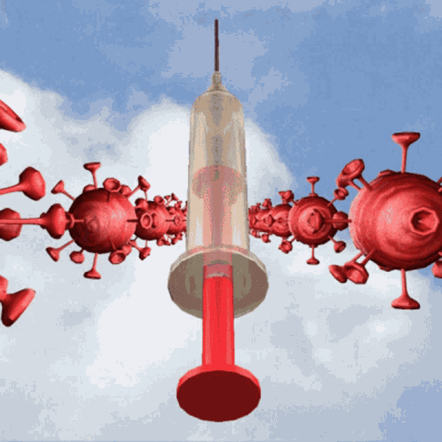 a syringe is surrounded by red viruses against a cloudy sky