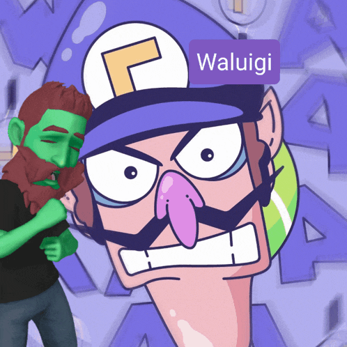a cartoon character with a purple label that says " waluigi "