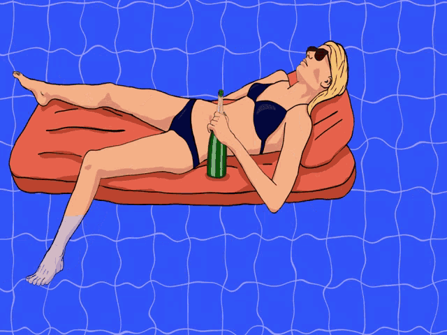 a woman in a bikini is laying on a raft in a pool holding a watermelon