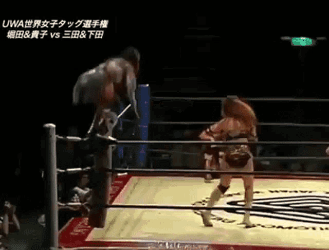 two women are wrestling in a ring with chinese writing on the bottom