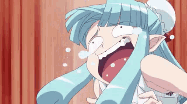 a cartoon character with blue hair and white ears is making a funny face