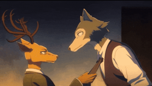 a wolf and a deer are standing next to each other and looking at each other