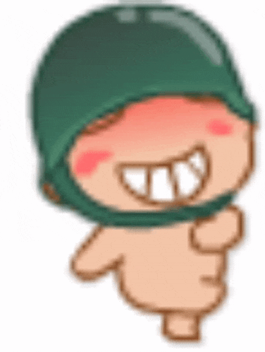 a naked cartoon character wearing a green helmet and smiling .