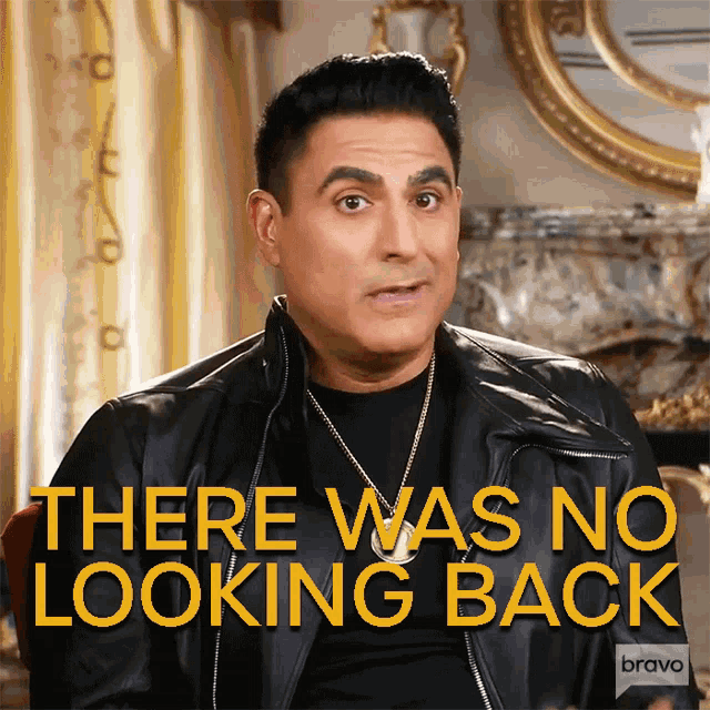 a man in a leather jacket says there was no looking back on the screen