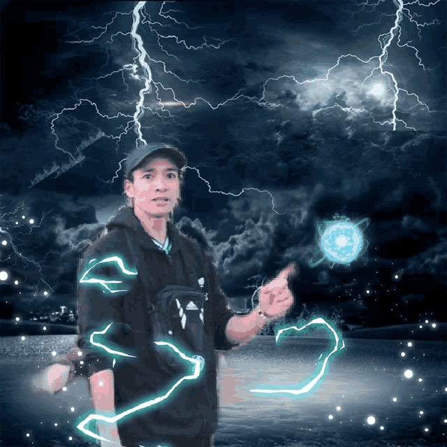 a man is standing in front of a stormy sky with lightning