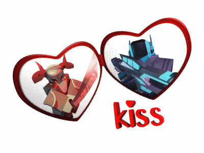 two hearts with a robot inside of them and the word kiss below them