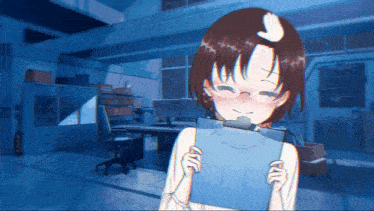 a girl with glasses is holding a clipboard and giving a high five