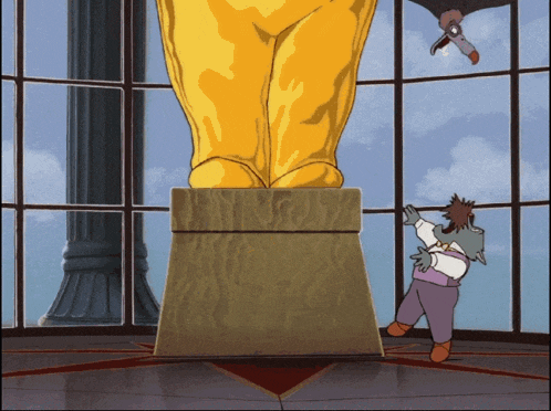 a cartoon of a man standing next to a statue of a man 's legs