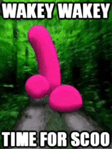 a pink penis with the words wakey wakey time for scoo on it .