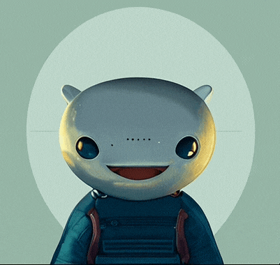 a cartoon character with a white head and blue eyes is smiling