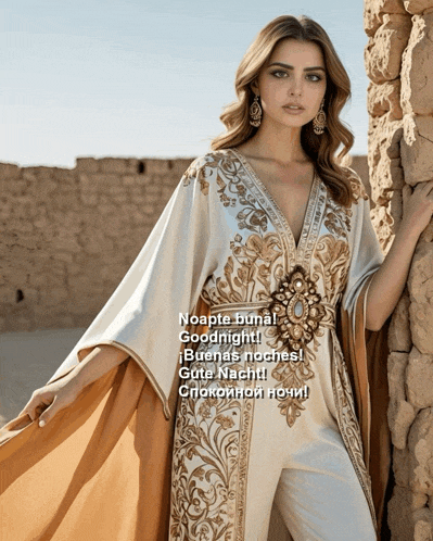 a woman in a white and gold dress is standing next to a stone wall