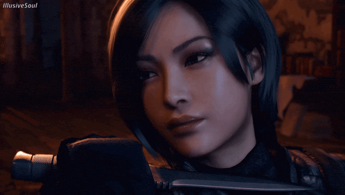 a close up of a woman holding a knife with illusive soul written in the bottom right corner