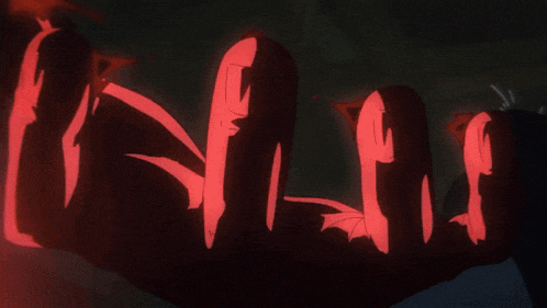 a cartoon drawing of a person 's hands with red glowing lines