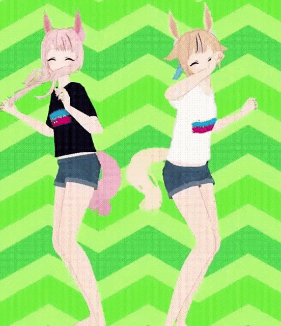two anime girls are dancing in front of a green chevron background