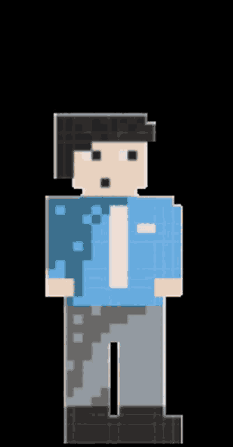 a man in a blue shirt is holding a cardboard box over his head with the word oh written on it