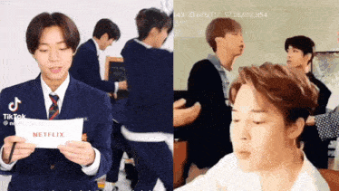 a boy in a suit and tie is holding a card that says netflix