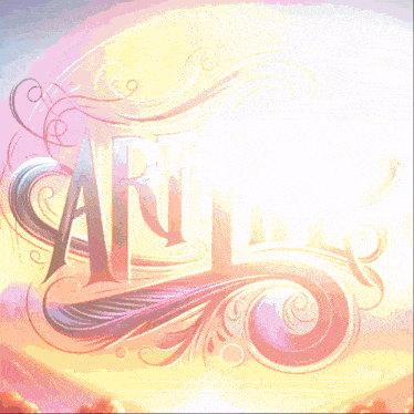 the word art is on a pink background with a sunset in the background