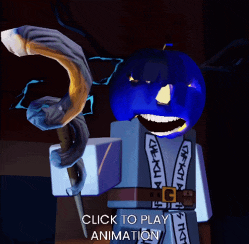 a video game character with a blue pumpkin head holding a cane and the words click to play animation