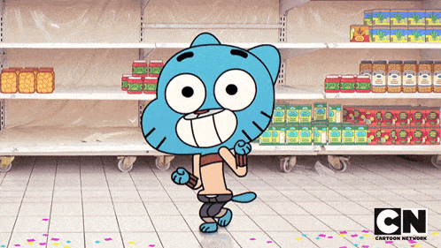 gumball from the amazing world of gumball is dancing in front of empty shelves from cartoon network