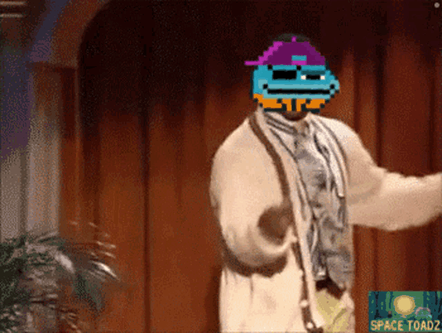 a man with a pixelated face is dancing in front of a curtain that says space toad2