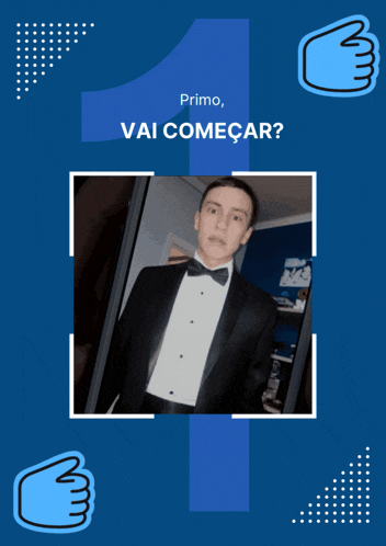 a picture of a man in a tuxedo with the words primo vai comecar on the top