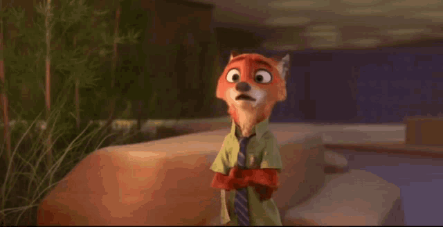 a cartoon fox wearing a green shirt and tie is smiling