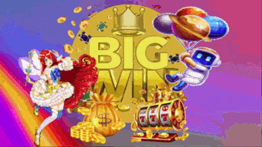a big win advertisement with a slot machine