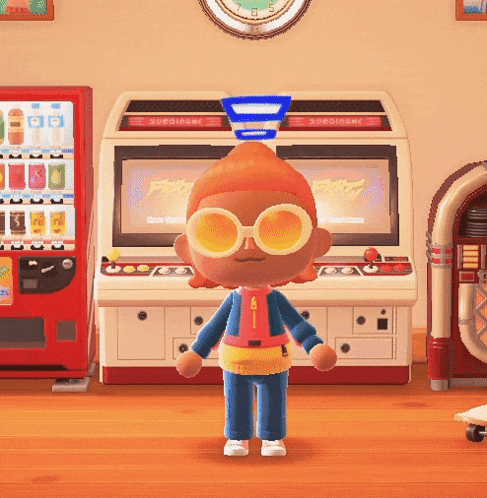 a video game character is standing in front of a machine that says super fighter on it