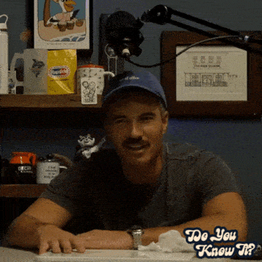 a man sitting at a desk with the words " do you know it " on the bottom