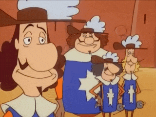 a group of cartoon characters standing next to each other with one wearing a blue shirt with a cross on it