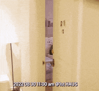 a woman is peeking out from behind a door in a room .