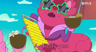 a cartoon of a cat holding a coconut drink and saying a-diddiy yes