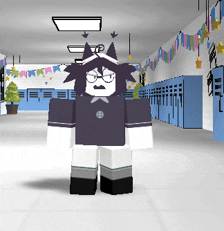 a cartoon character is standing in a hallway with a christmas tree in the background