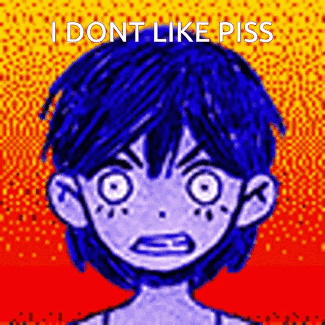 a drawing of a boy with blue hair and the words " i dont like piss "
