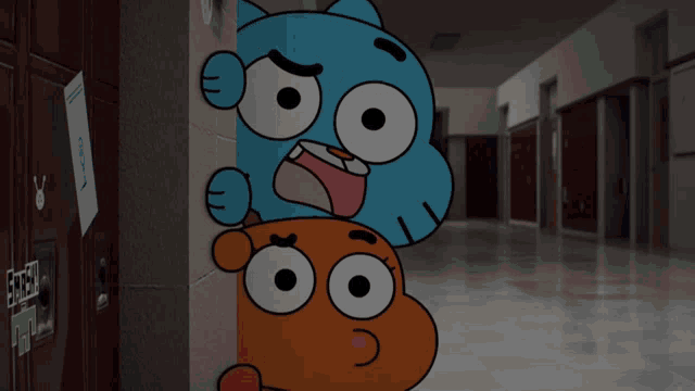 two cartoon characters standing next to each other in a hallway with a sign that says first