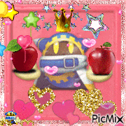 a picture of a cartoon character with apples and hearts on a pink background with the word picmix at the bottom