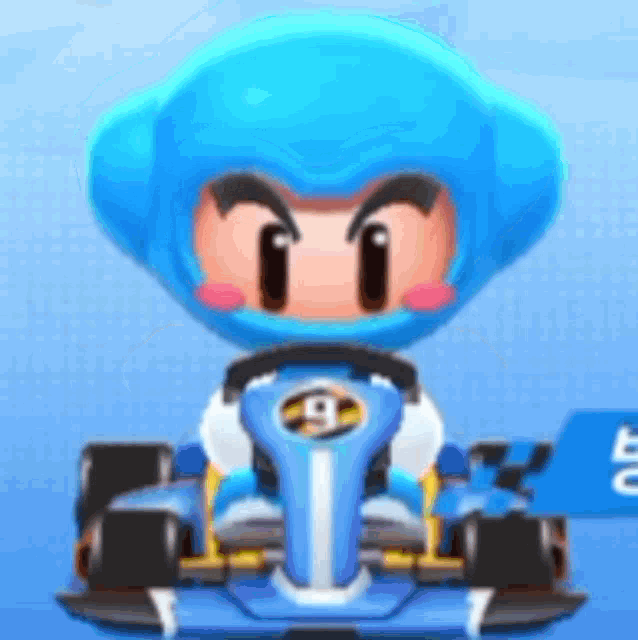 a cartoon character wearing a blue helmet is driving a blue race car .