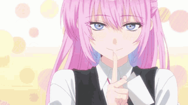 a girl with pink hair and blue eyes is holding her finger to her mouth