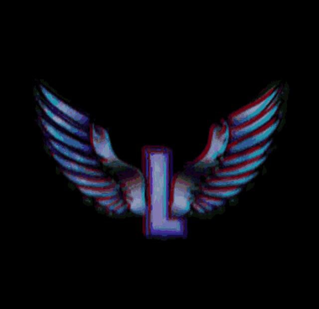the letter l is surrounded by blue and red wings on a black background .