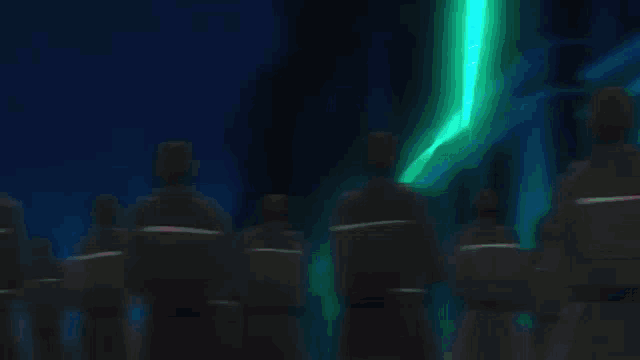 a man in a suit is holding a sword with a green light behind him