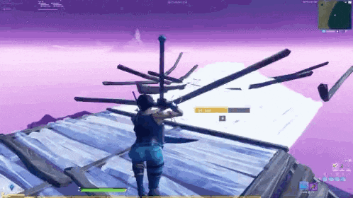 a person is standing on top of a wooden roof in a video game .