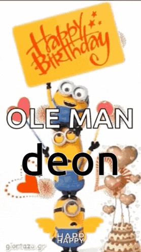 a birthday card with minions holding a sign that says happy birthday oleman deon