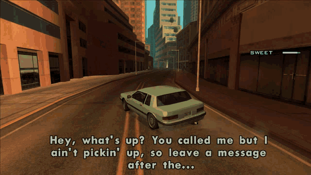 a screenshot of a video game shows a car driving down a city street