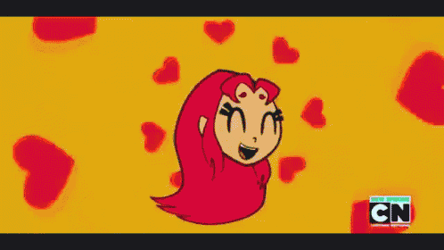 a cartoon character with red hair is surrounded by hearts on a yellow background