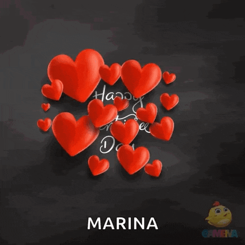 a happy valentine 's day greeting card with red hearts and the name marina