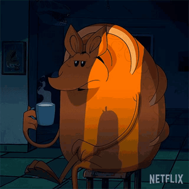 a cartoon kangaroo is sitting on a stool drinking a cup of coffee
