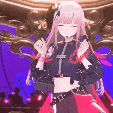 a girl with pink hair is wearing a crop top with a zipper