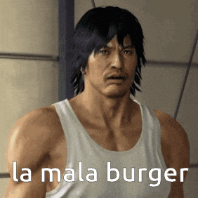 a man in a white tank top is standing in front of a wall and says la mala burger